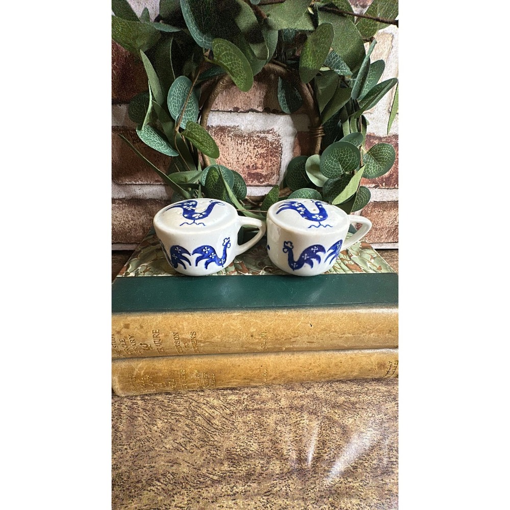 Vintage Blue & White Rooster Mug Style Salt & Pepoer Shaker Set